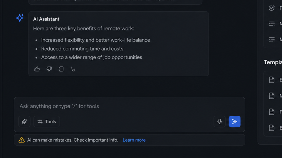 Chat composer with subtle helper text: 'AI can make mistakes.'