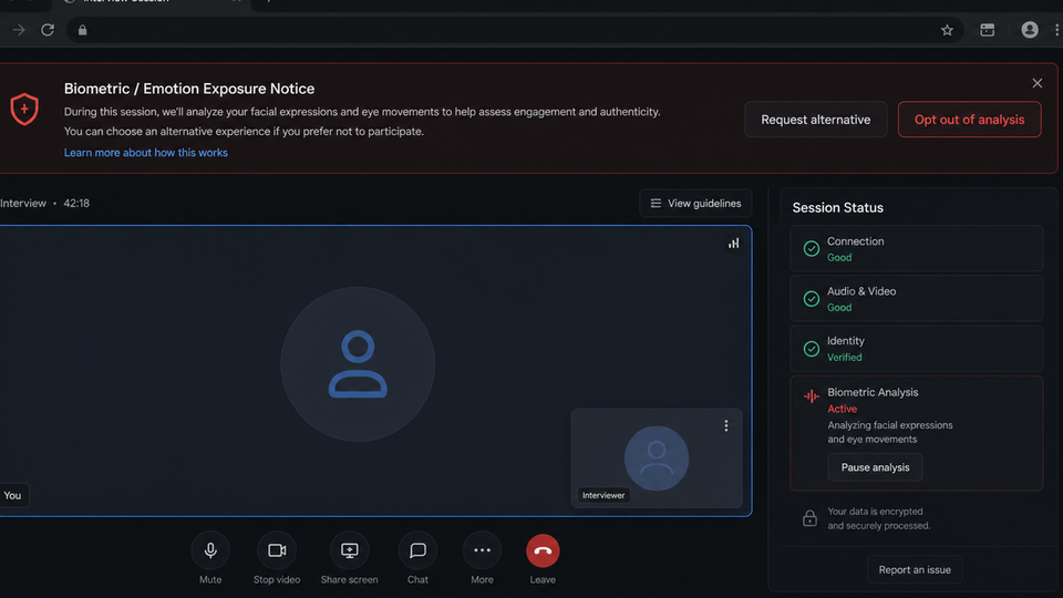Video call screen with a top banner: 'Emotion analysis is active.'