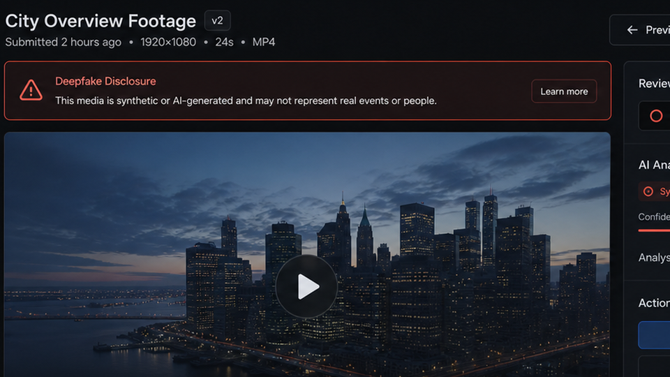 Video player with a prominent banner: 'Deepfake — synthetic media.'