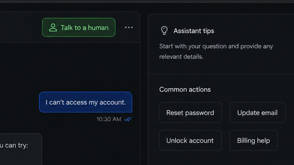 Chat header with a 'Talk to a human' button next to AI notice.
