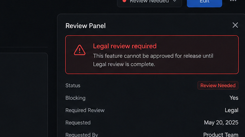 Callout: 'Legal review recommended' with a checklist beside it.