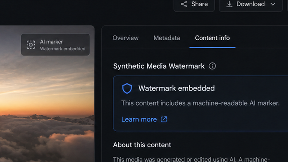 Image preview with a corner watermark and info line 'AI watermark embedded'.